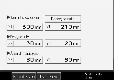 Várias definições de digitalização D Especifique o Formato do Original (X1 e Y1) com as teclas numéricas e, em seguida, prima a tecla {q}. Por exemplo, defina X1 como 300 mm e Y1 como 210 mm.