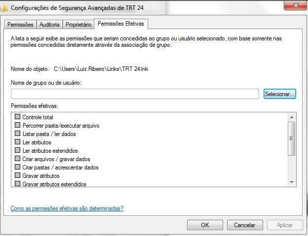 Para um usuário exibir permissões efetivas de arquivos e pastas, ele deve inicialmente Clicar com o botão direito do mouse no arquivo ou na pasta, clicar em Propriedades e clicar na guia Segurança.