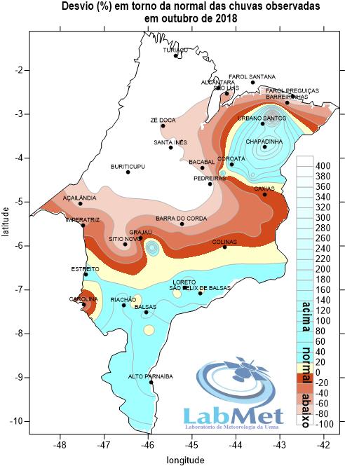 Figura 7- Distribuição das chuvas em outubro de 2018 no Maranhão: desvios percentuais Os acumulados de chuva no mês de outubro de 2018 para alguns municípios do Maranhão