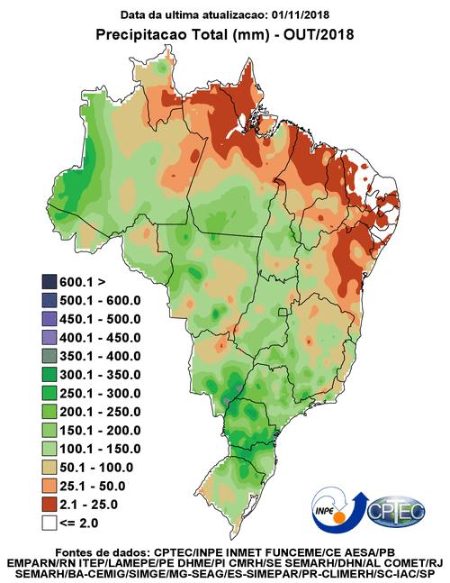 Figura 4 Distribuição de chuvas no Brasil em outubro de 2018. Fonte: CPTEC.
