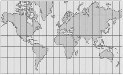 9) Observe o planisfério abaixo: A projeção utilizada é: A) Azimutal de Robinson. B) Cilíndrica de Mercator. C) Cilíndrica de Peters. D) Projeção equivalente interrompida de Good.