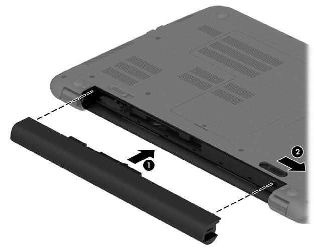 2. Remova a bateria (3) do computador. Para instalar a bateria, siga estas etapas: CUIDADO: Não incline a bateria ao inseri-la. 1.