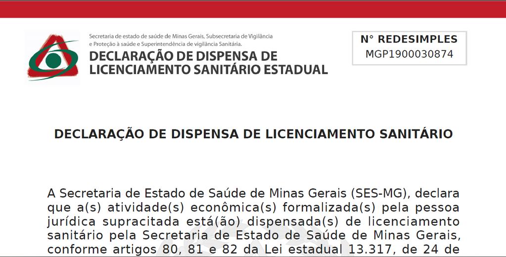 PROCEDIMENTOS FINAIS Declaração de dispensa de licenciamento