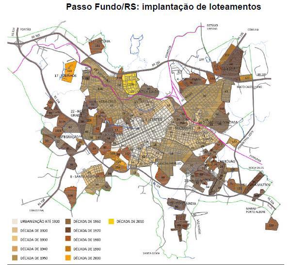 Mapa 2: Evolução urbana da cidade de Passo Fundo: implantação de loteamentos à partir da década de 1920. Fonte: SPINELLI, 2015.
