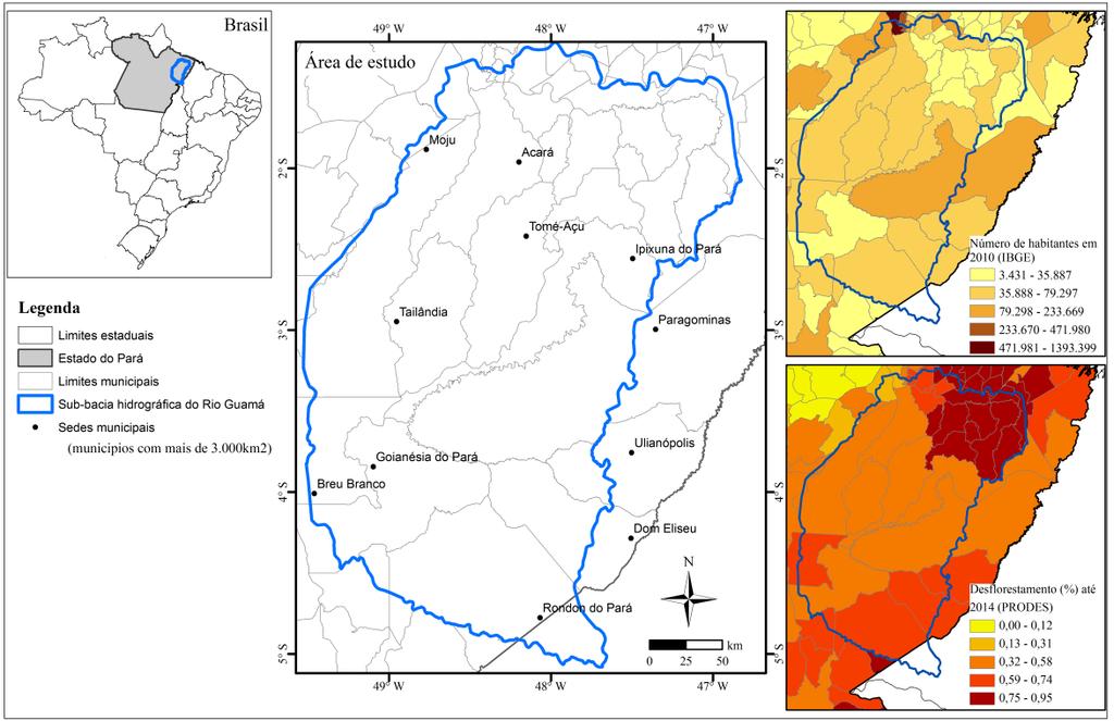 Figura 1. Delimitação da sub-bacia hidrográfica do rio Guamá no estado do Pará, principais municípios que a integram, distribuição da população por municípios e taxa de desflorestamento.