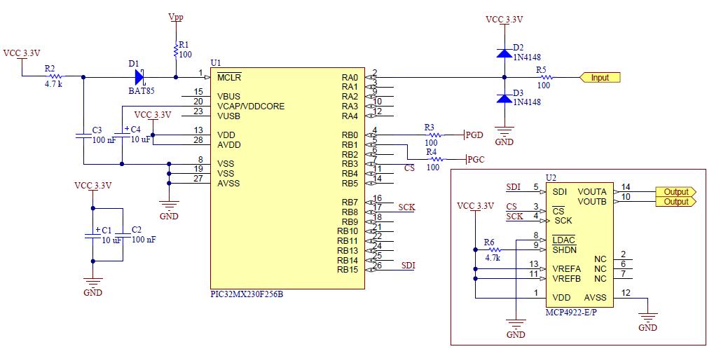 5.1 Esquema de ligações da implementação prática Para a implementação do SPLL pensou-se utilizar um microcontrolador de 16 bits de processamento e com capacidade de executar 50 milhões de instruções