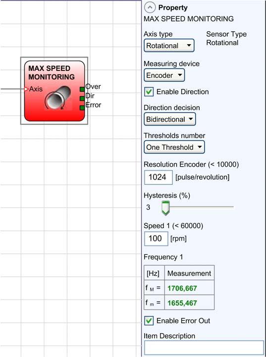 Entrada, monitoramento de velocidade, blocos de funções de saída e comentários Bloco de funções MAX SPEED MONITORING Apresentação O bloco de funções MAX SPEED MONITORING monitora a velocidade de um
