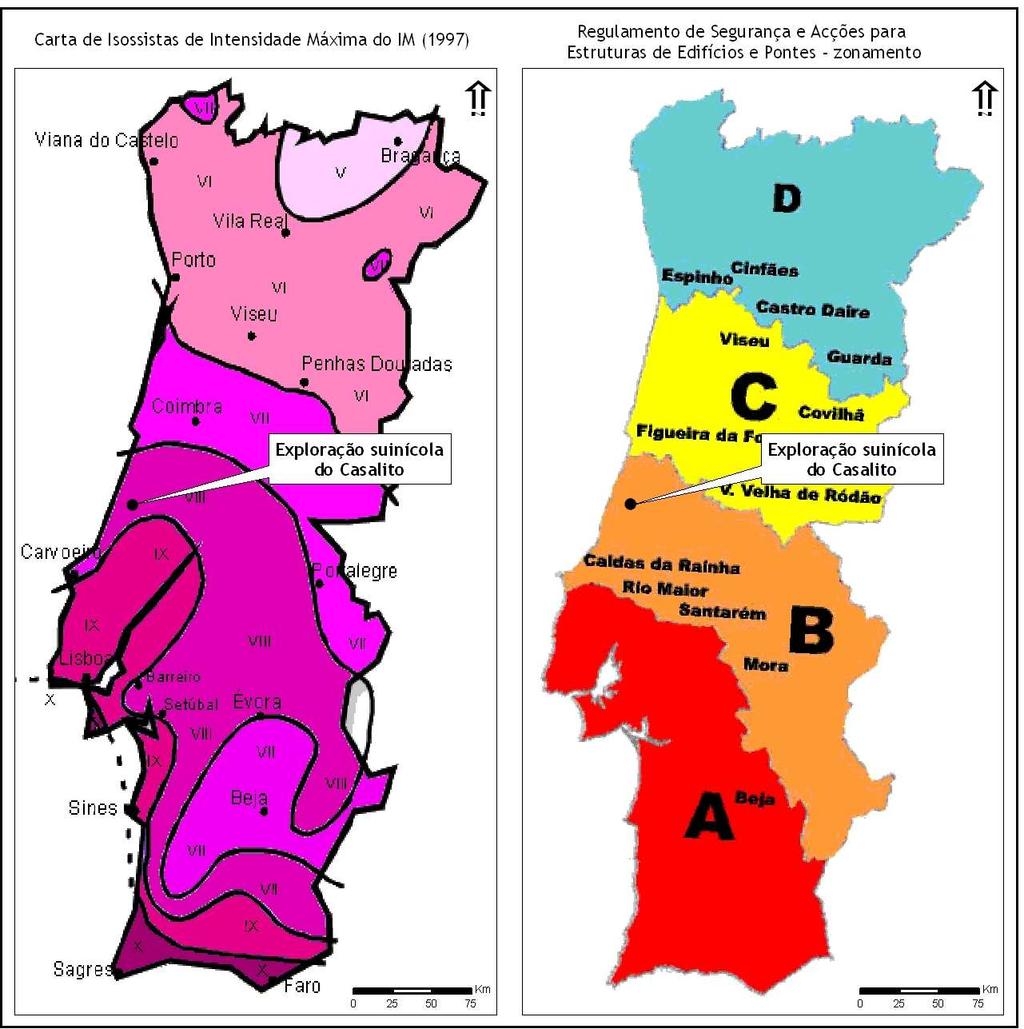 Figura 4.3 - Enquadramento sísmico: mapa de intensidades sísmicas e mapa de zonamento sísmico de Portugal continental.