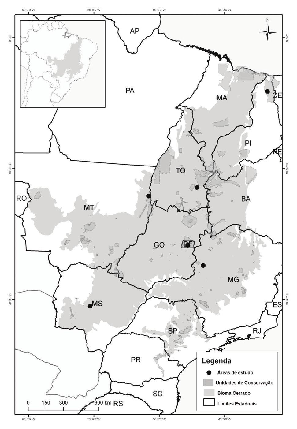 Perfil florístico e estrutural do componente lenhoso em seis áreas de cerradão ao longo do bioma Cerrado mas também contou com o auxílio de especialistas e observações realizadas em campo. Figura 1.