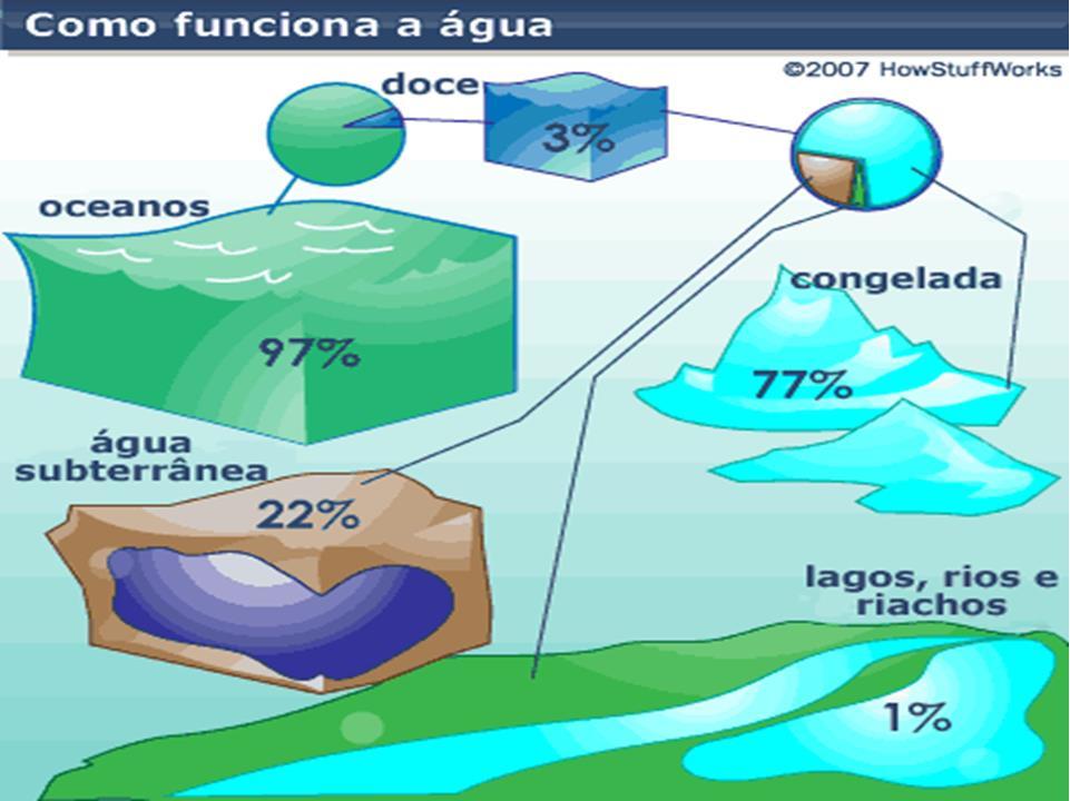 A água cobre 71% da superfície da Terra. Quase toda a água que existe na Terra (97%) é salgada e está nos oceanos, sendo imprópria para o uso agrícola e industrial.