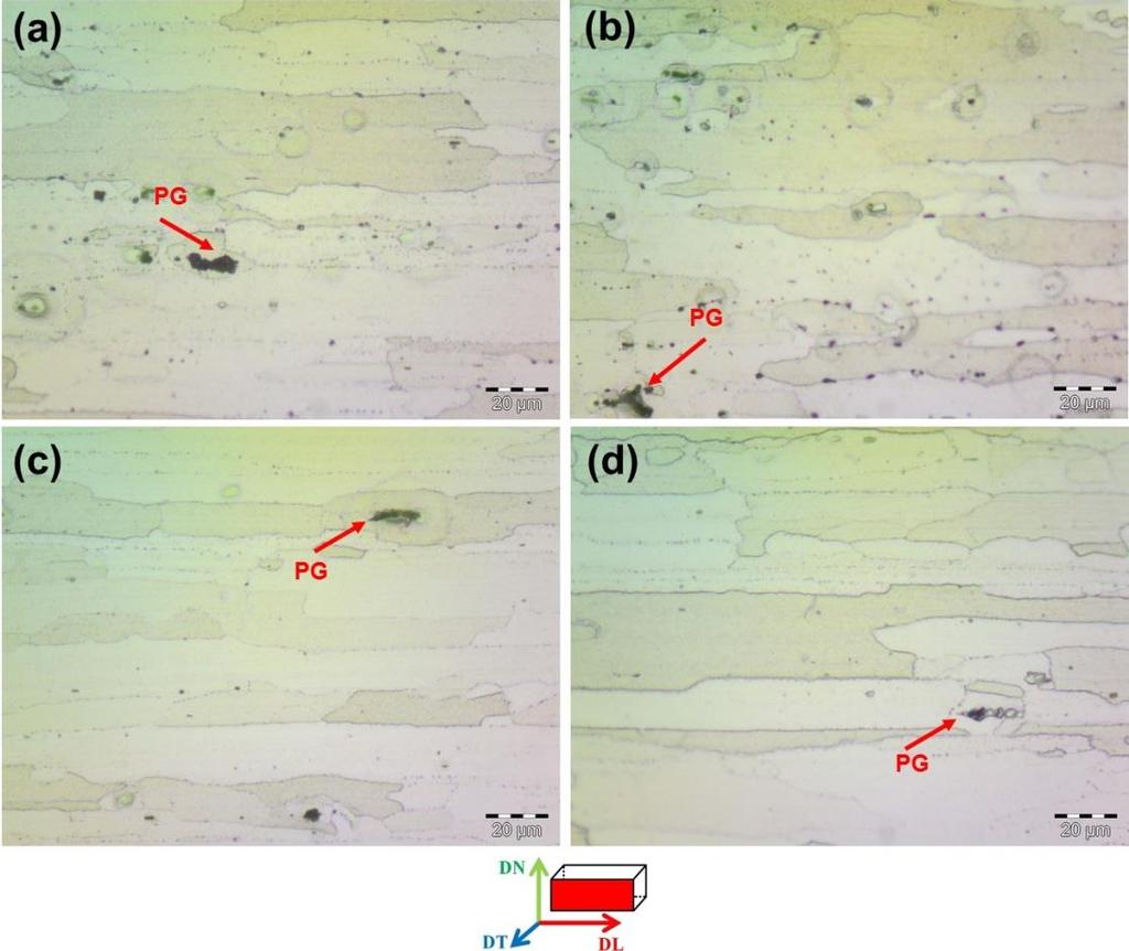 Microestrutura das amostras (a) T15, (b) T30, (c) T60 e (d) T120 visualizada à ½ da espessura registradas com maior aumento.