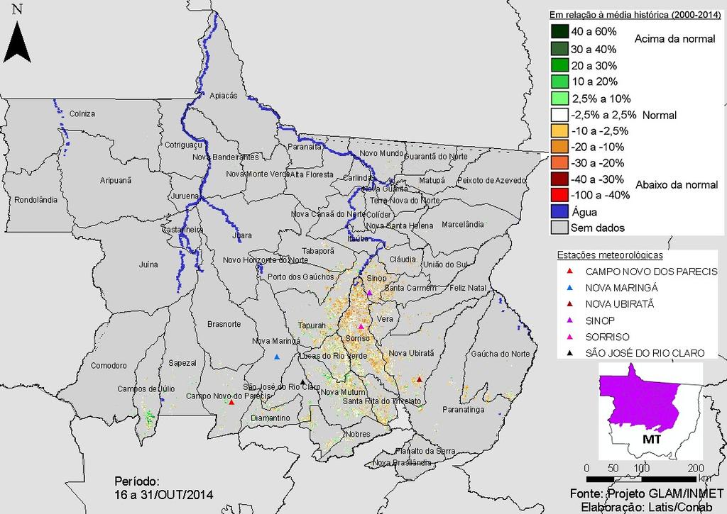 A tabela do gráfico de quantificação de áreas mostra que a atual safra tem 15,87% a mais que a média histórica de áreas com baixo padrão de desenvolvimento. São as áreas em marrom no mapa anterior.