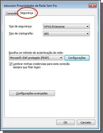 Na janela eduroam Propriedades de Redes Sem Fio vá até a aba Segurança, selecione