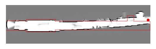 54 CAPÍTULO 6. EXPERIMENTOS E RESULTADOS sonares e odometria sem correção ou tratamento. O contorno pontilhado em vermelho é uma aproximação da posição real das paredes e obstáculos do corredor.