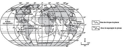 9) Observe o mapa abaixo que mostra as principais placas tectônicas no mundo.