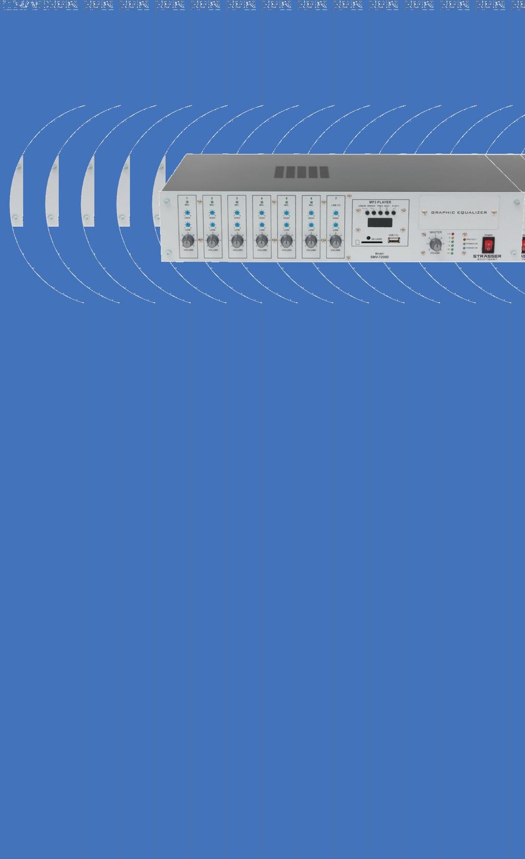 Elektroakustik und Mediensysteme SMV 7200D Ampliﬁcador Misturador automático Ampliﬁcador Misturador sólido e tecnicamente soﬁsticado com sete canais, leitor de MP3 e potência digital 200W.
