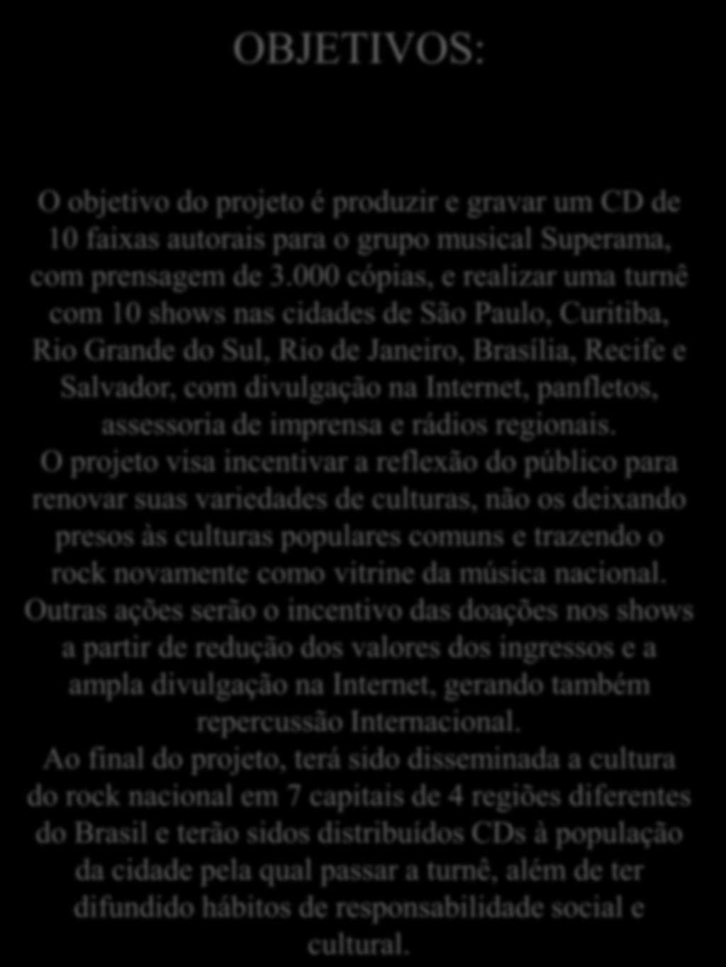 OBJETIVOS: O objetivo do projeto é produzir e gravar um CD de 10 faixas autorais para o grupo musical Superama, com prensagem de 3.