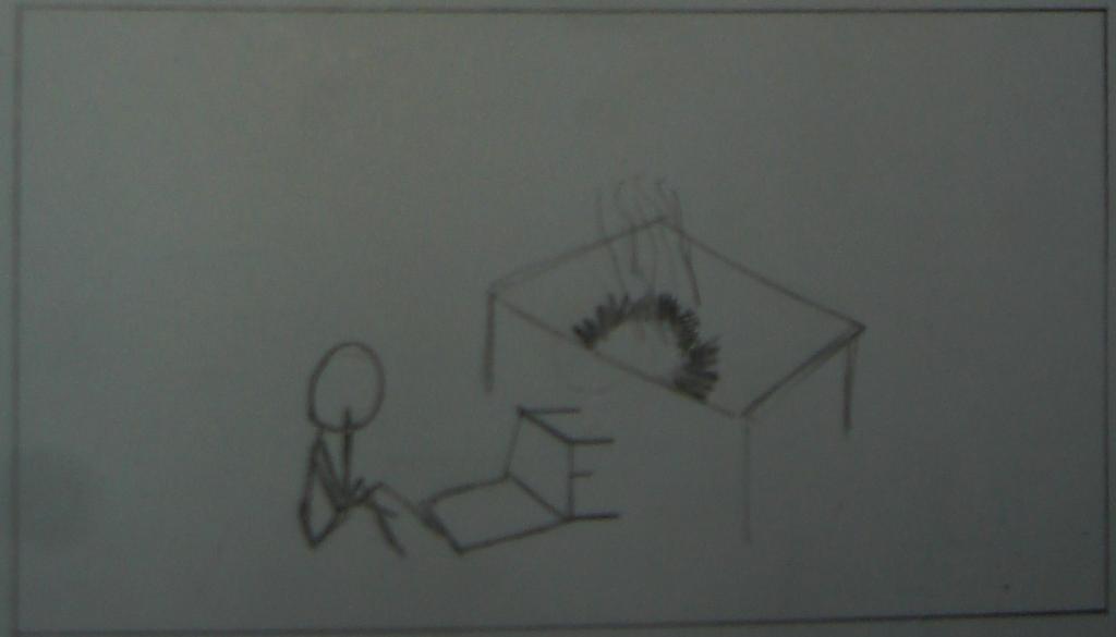 D: Plano médio: Vemos o alquimista e sua mesa de cima, a um ângulo de 45 graus pelas