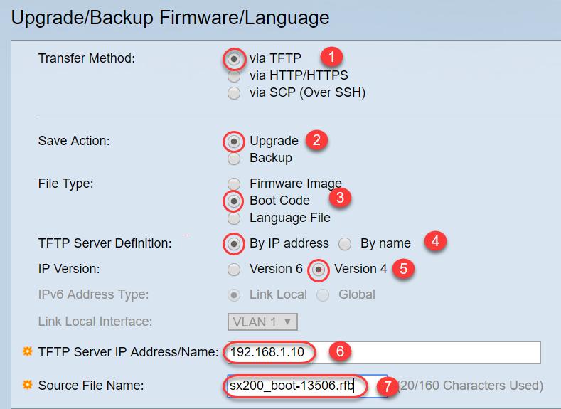 Etapa 7. Selecione as seguintes opções: através do TFTP, a elevação, carreg o código, pelo endereço IP de Um ou Mais Servidores Cisco ICM NT, e pela versão 4.