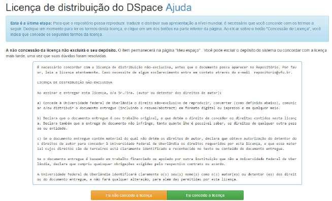 22. Em Licença de distribuição do DSpace (imagem abaixo) clique em 23. Caso seja somente esta publicação que deseja submeter clique em.