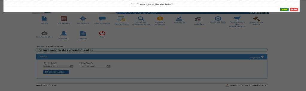 5.3 Clicar na opção Sim para confirmar a geração do Faturamento automático. Figura 34 confirmação de geração do lote 5.