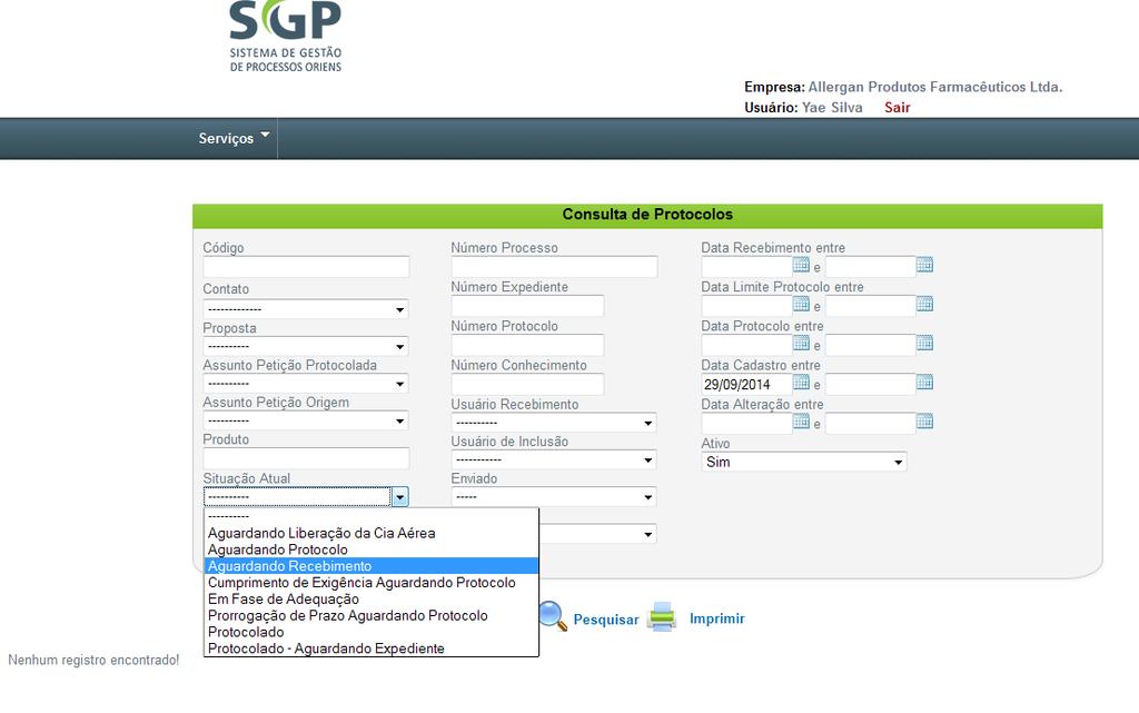 Passo 7 Principais combinações de filtros: 1. Você deseja saber se o seu processo já chegou na Oriens para protocolo? Utilize o campo/filtro Data cadastro entre e informe a data do dia.