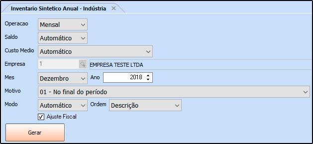 Operação: Insira a opção pela qual o inventario será gerado, sendo anual ou mensal; Saldo: Deixe sempre a opção Automático; Custo Médio: Deixe