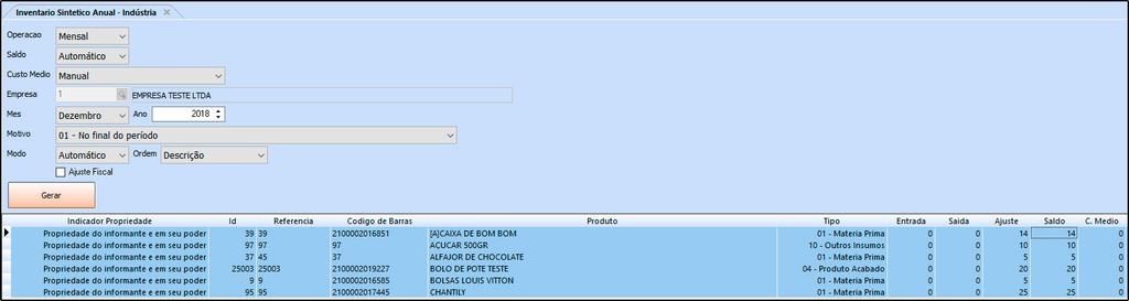 Nesta tela será possível editar manualmente as colunas de: Ajuste Saldo Custo Médio Para isso, basta executar um duplo clique na linha do produto que deseja alterar e inserir as configurações