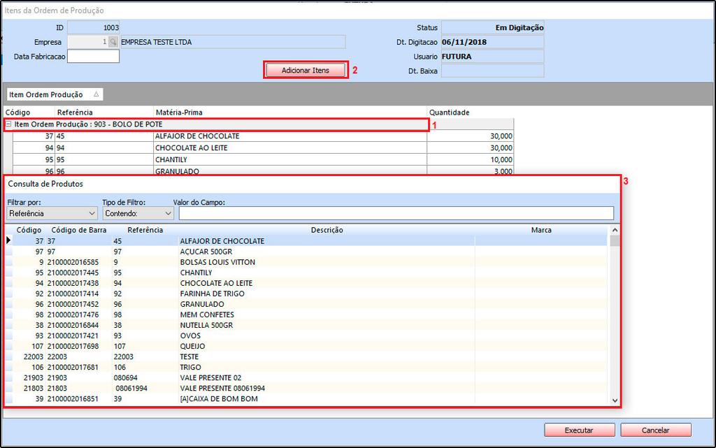 1 Selecione o Produto acabado que deseja inserir a matéria prima; 2 Clique no botão adicionar para a inserção dos itens; 3 Escolha a matéria prima que deseja inserir, aperte enter e em seguida