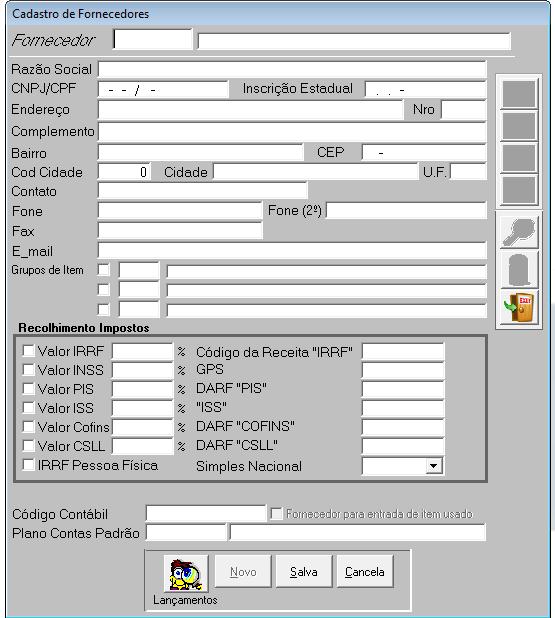 Fornecedores Menu > Cadastro > Fornecedores - Nesta tela deverão ser cadastrados os dados dos fornecedores, e discriminar os grupos de itens que esse fornecedor