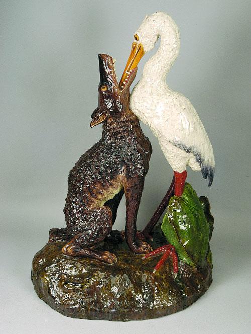 729 RAFAEL BORDALO PINHEIRO - 1846-1905 "Raposa e cegonha", escultura, decoração naturalista