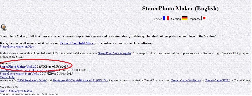 Dê um clique no link StereoPhoto Maker Ver5.20 1457KByte 05/Feb/2017. Em seguida, descompacte o arquivo stphmkre5.20.zip; logo estará disponível o arquivo stphmkre.