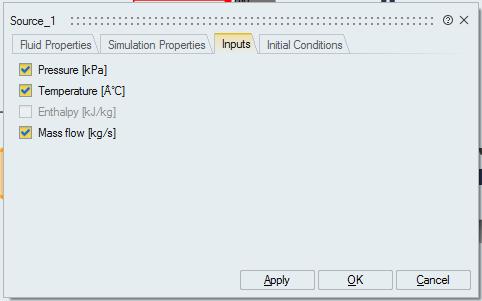 Figura 4 - Seleção de Inputs a serem recebidos pelo bloco Source Cabe ao Source também a definição das propriedades do fluido a