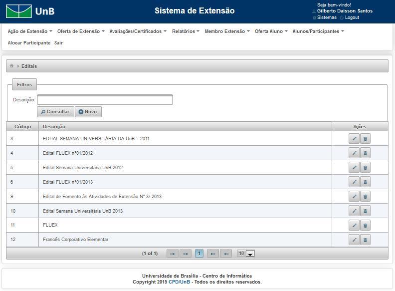 5. Editais Nessa tela é possível visualizar os editais cadastrados no sistema, localizar um edital, editar ou excluir um edital.