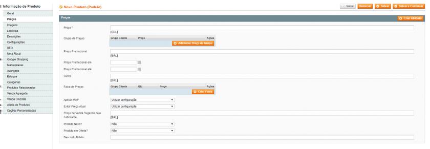 Nome: Nome do produto Código identificador (SKU): código único desde produto Status: Se o produto estará habilitado ou desabilitado Visibilidade: Qual o tipo de visibilidade que o produto terá na