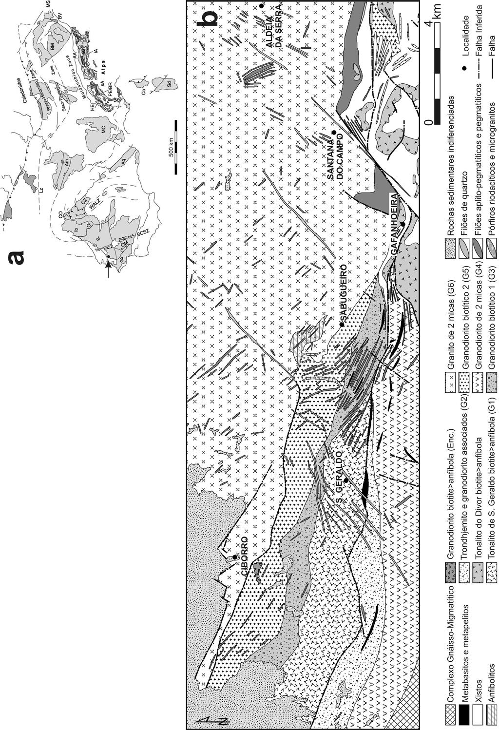 Fig. 1 a) Localização geográfica do plutonito de Pavia na Cadeia Varisca