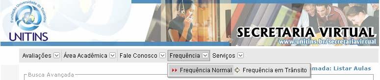 Registrando a Freqüência: após clicar na opção de freqüência a ser registrada, será exibido o filtro para selecionar a sala,