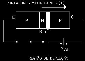 Passemos a analisar o comportamento da junção reversamente polarizada, conforme mostra a figura abaixo. Neste caso, foi removida a bateria 7 de polarização direta entre emissor e base.