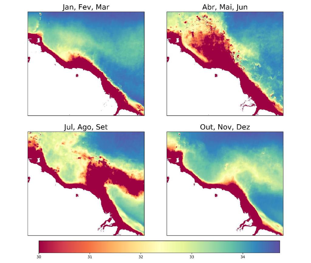 Resultados MÉDIA DA SALINIDADE SINTÉTICA SAZONAL Jan-Mar: Rising Water Season, período em que se observa um aumento gradual da vazão Abr-Jun: High Water Season, período em que é observada a