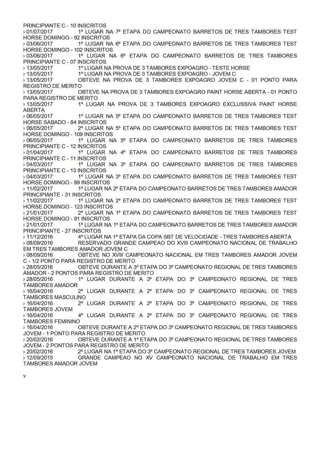 PRINCIPIANTE C - 10 INSCRITOS > 01 /07/2017 1 LUGAR NA 7 ETAPA DO CAMPEONATO BARRETOS DE TRES TAMBORES TEST HORSE DOMINGO - 92 INSCRITOS > 03/06/2017 1 LUGAR NA 6 ETAPA DO CAMPEONATO BARRETOS DE TRES