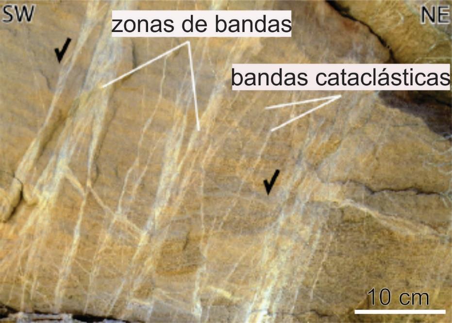 7 Bandas de deformação são restritas a porções localizadas da rocha ou zonas estreitas, podendo acomodar rejeitos na ordem de milímetros a centímetros (Aydin & Johnson, 1978) Figura 5.