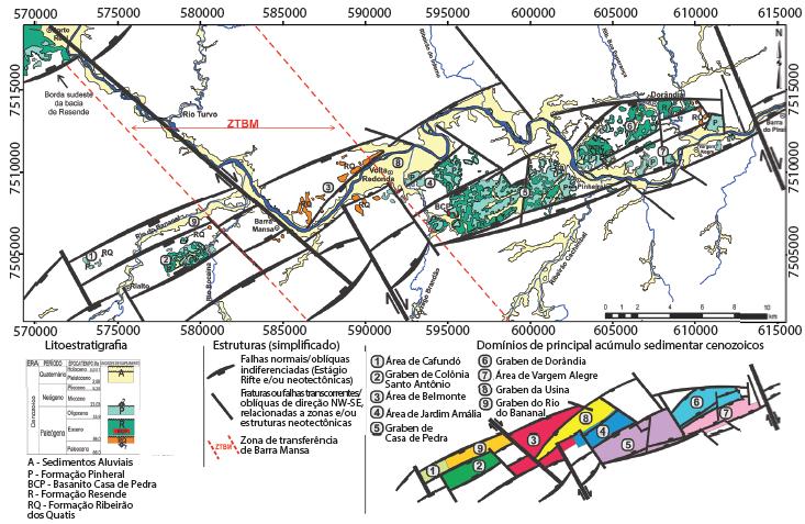 17 4.3 ESTRATIGRAFIA E NEOTECTÔNICA O registro sedimentar na bacia de Volta Redonda (Figura 14) se dá, principalmente, em três depocentros paleogênicos: Gráben de Casa de Pedra; Gráben de Dorândia; e