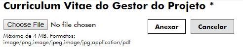 Este campo está limitado a um ficheiro. Este documento é de submissão obrigatória. Curriculum Vitae atualizado do gestor de projeto. Este campo está limitado a um ficheiro.