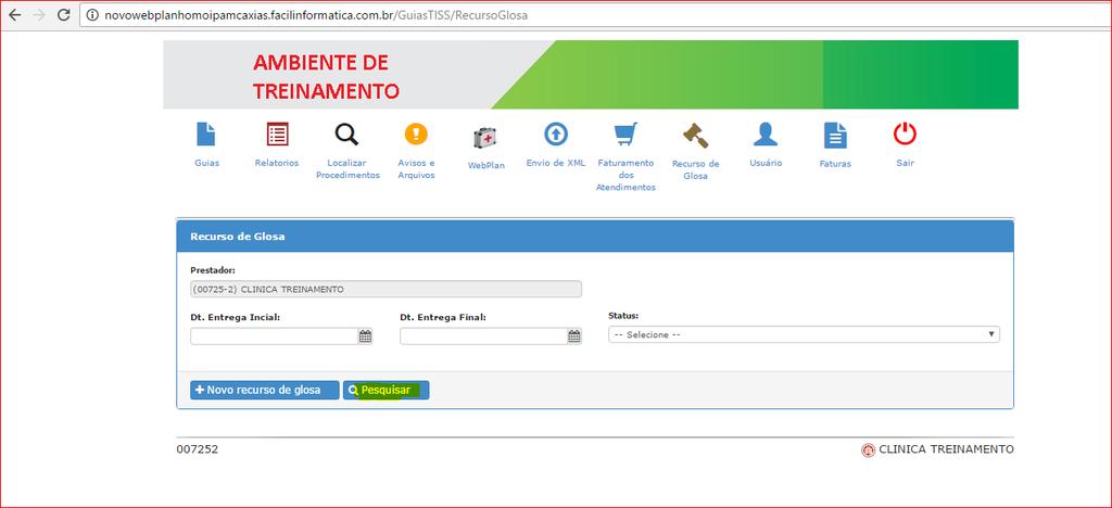 Figura 24 pesquisa de lotes de recursos de glosa Informar o número do Protocolo na documentação (guias físicas e justificativa) que serão encaminhadas para a Operadora.