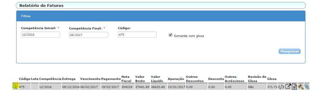 Clique no ícone, para listar todos os procedimentos glosados e conciliados na fatura do prestador