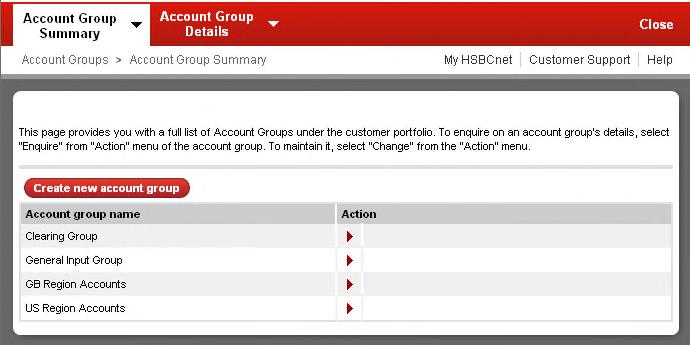 Opções de Grupo de contas Para manter os grupos de sua empresa, selecione Manter Grupos de Contas. A página Resumo de Grupos de Contas será exibida.