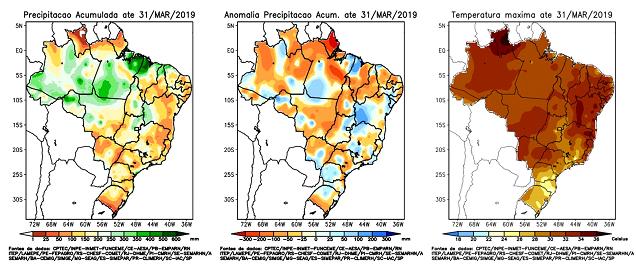 Figura 24 Precipitação total, anomalia de precipitação e temperatura máxima em março de 2019 Fonte: Inmet.