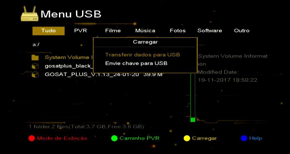 5.1) Menu USB>>Menu USB: Permite exibir e executar o conteudo da mídia conectada ao decodificador, além da opção de ajustar o caminho do PVR, carregar (upload) de arquivos de dados e chaves de uso do