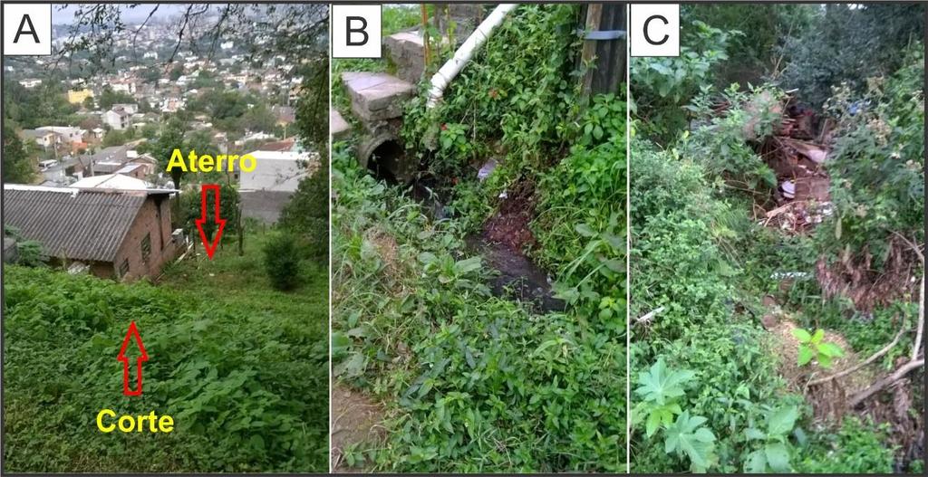 Figura 05 - (A) Área de ocupação com intervenções na encosta - corte e aterro. (B) Lançamento de águas servidas na encosta. (C) Lançamento/descarte de dejetos. Fotos realizadas no morro Cechella.