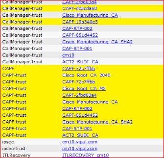 Transfira todos os Certificados alistados sob a CAPF-confiança, inclua Cisco_Manufacturing_CA, Cisco_Root_CA_2048, CAP-RTP-001, CAP-RTP-002, CAPF, e CAPF- xxx.